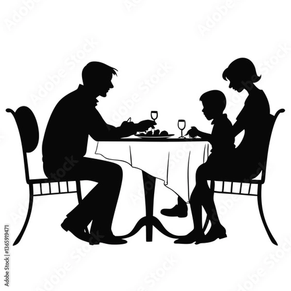 Fototapeta family eating dinner together silhouette Black and white family concept elements vector