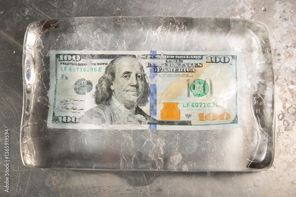 Fototapeta Frozen hundred dollar bill encased in ice block showcasing intricate details and textures in a close-up view