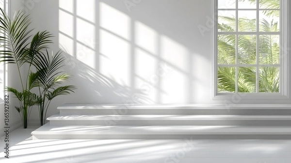 Fototapeta Bright and airy interior scene with shadows and a window view