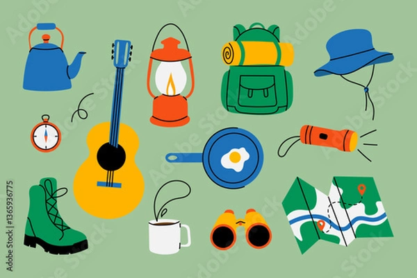 Obraz Camping gear set. Flat illustration of hiking and outdoor essentials: backpack, lantern, boots, guitar, flashlight, binoculars, map, and cooking items. Perfect for travel, trekking, adventure themes