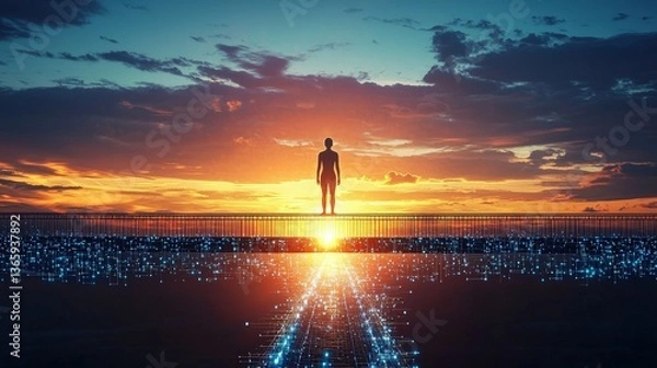 Fototapeta Futuristic explorer on digital bridge at sunset with glowing grid network