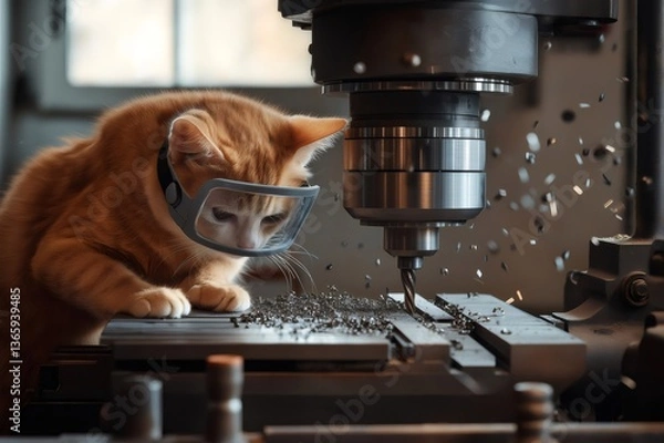 Fototapeta Ginger cat wearing safety glasses observing milling machine at work. Generative ai illustrations
