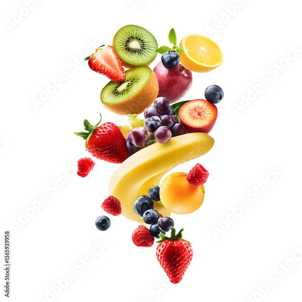 Fototapeta colorful mixed fruits floating in air isolated png transparent cutout