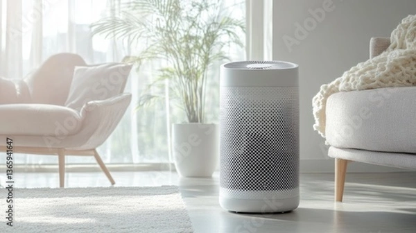 Fototapeta A high-efficiency air purifier with a large filter and fan, placed in a clean white room