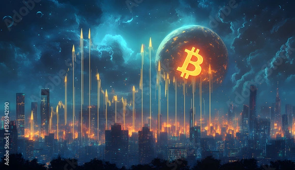 Fototapeta Cityscape under a celestial sky with upward arrows a fiery sphere and a network of lights suggesting financial trends.