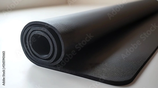 Obraz A black yoga mat is rolled up and laying on a white surface