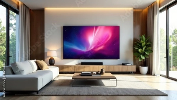 Fototapeta Spacious living room, massive flat-screen TV, minimalist decor, high definition, large, entertainment