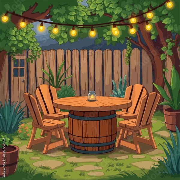 Fototapeta  A Cozy Outdoor Patio Scene with Warm Lantern Light, Rustic Furniture, and a Serene Mountain Backdrop, Perfect for Relaxing Moments