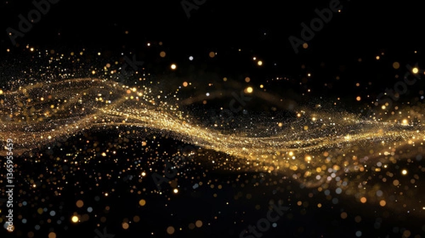 Fototapeta A glowing golden wave of sparkling particles on a dark background.