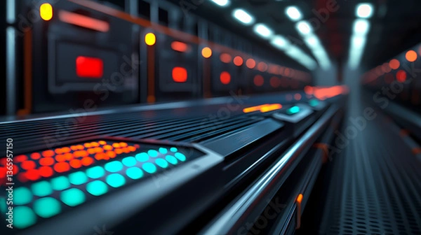 Fototapeta A futuristic server room with illuminated panels displaying vibrant colors, emphasizing modern technology and data processing.
