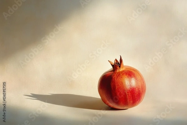 Fototapeta A single red pomegranate against a softly lit neutral background