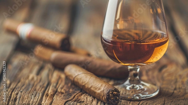 Fototapeta Elegant whiskey glass and smoldering cigars with swirling smoke in warm lighting.