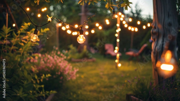 Fototapeta A beautiful decorated garden party table under glowing fairy lights at dusk.