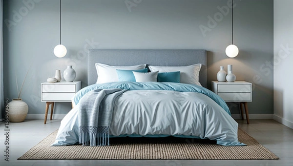 Fototapeta A minimalist Scandinavian-inspired bedroom in a light gray and ice blue palette. The soft gray fabric headboard complements crisp white and icy blue bedding, with a light knit throw adding texture.