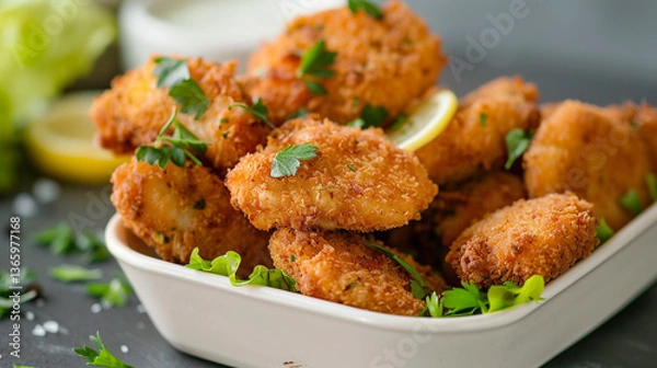 Fototapeta A plate of crispy golden-brown fried fish fillets garnished with herbs.