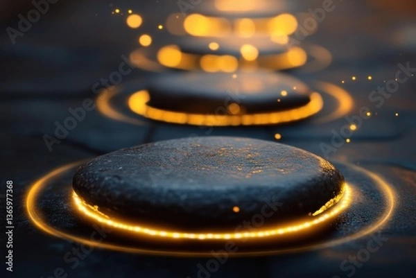 Fototapeta Mysterious glowing stones create an enchanting path at twilight in a serene outdoor setting
