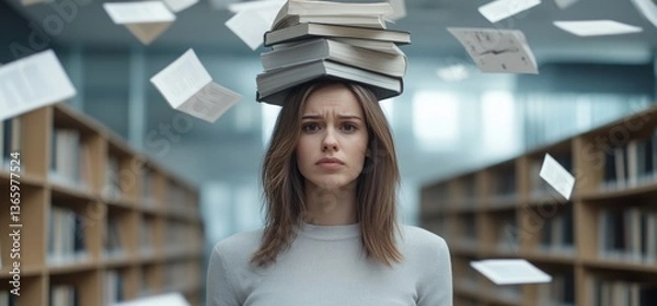 Obraz Woman balancing books overload concept