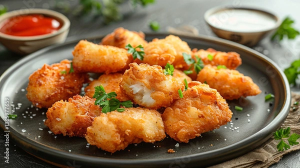 Fototapeta A plate of crispy golden-brown fried fish fillets garnished with herbs.