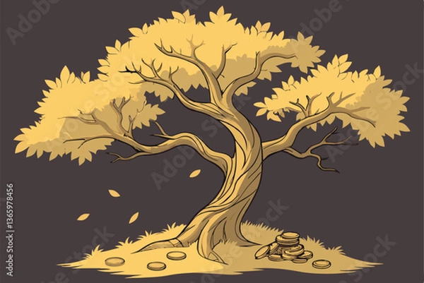Fototapeta 74 Golden tree of wealth, magical glowing leaves, coins scattered at base, twisted trunk, dark background, intricate details, fantasy art, luminous, metallic sheen, prosperity symbol, dramatic lightin