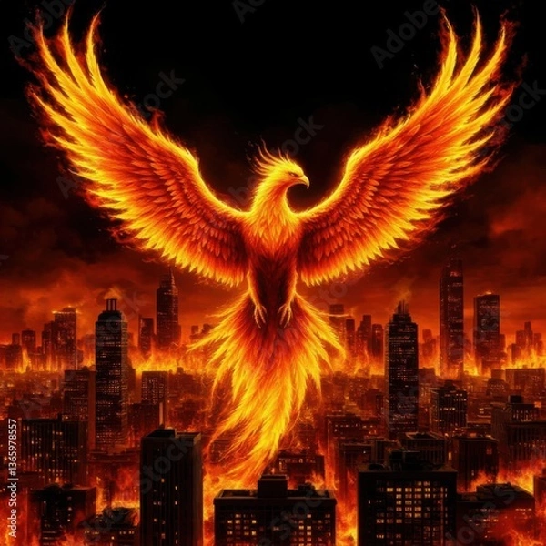 Obraz A phoenix hovering above a burning city symbolizing new life on a black background (symbolic). Generated AI