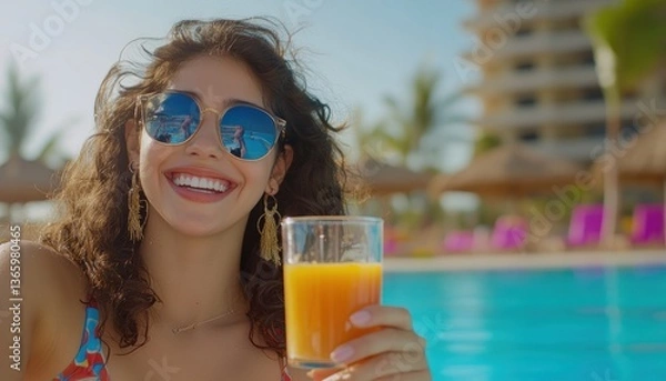Obraz Woman drinking juice by pool enjoying vacation