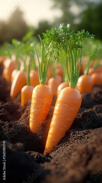 Fototapeta Fresh carrots growing in fertile soil at sunset in cultivated field