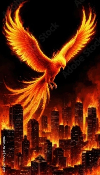 Obraz A phoenix hovering above a burning city symbolizing new life on a black background (symbolic). Generated AI