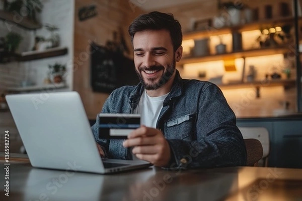 Obraz Smiling Portuguese 40s man doing online shopping at home, sit at table with laptop, hold debit or credit card, buying gifts, spend money, making quick transactions. Cashless payments via marketplace