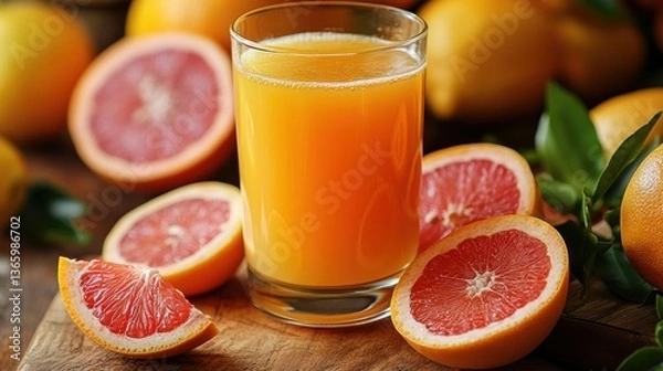 Obraz A vitamin-rich citrus juice made from oranges, grapefruits, and lemons, perfect for boosting immunity
