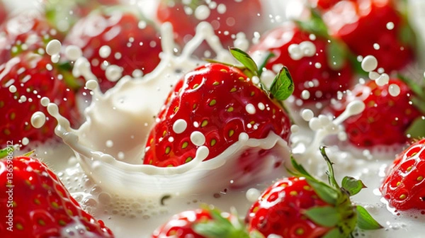 Fototapeta Juicy strawberries creating a dynamic milk splash.