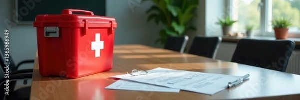 Obraz Emergency kits & checklist on table, crisis meeting room, drill, first aid, crisis management