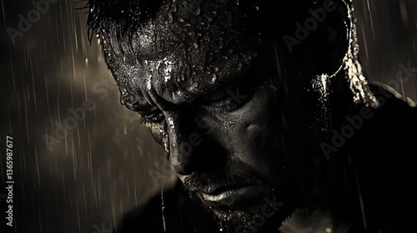 Obraz Dramatic portrait of a wet coal miner with dirty face, standing under heavy rain, experiencing despair. Ai generated