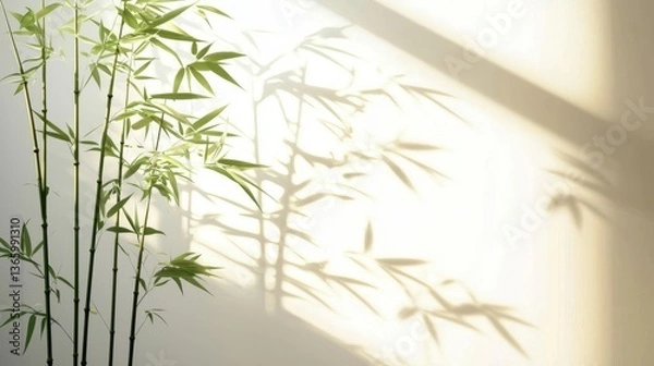 Fototapeta Calm bamboo scenery with shadows gracefully falling on an unadorned wall.