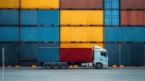 Obraz A large cargo truck loaded with shipping containers, parked at a warehouse for unloading