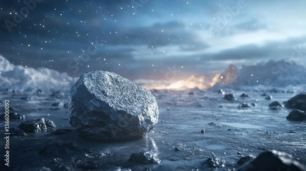 Fototapeta Majestic Frozen Landscape Featuring a Glittering Rock on a Snowy Surface Under a Dramatic Sky with Flurries and Subdued Light from Distant Horizon