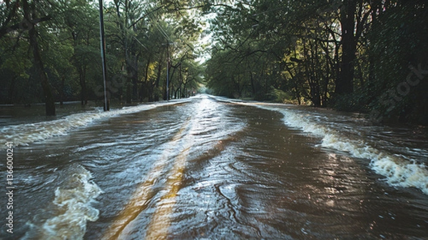 Fototapeta A flooded urban street with rushing water during heavy rainfall.