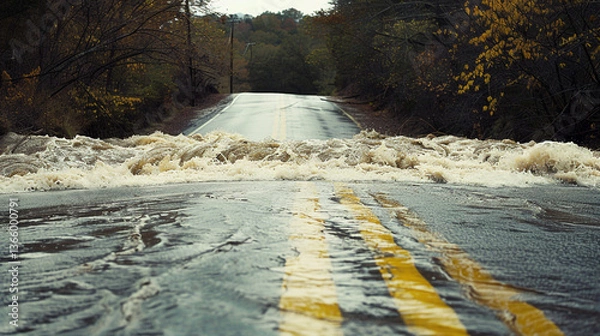 Fototapeta A flooded urban street with rushing water during heavy rainfall.