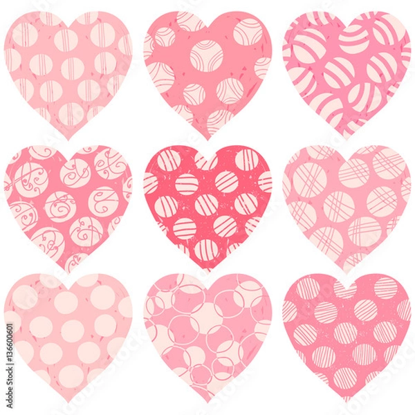 Fototapeta Modern pink hearts with dots, scribbles and texture 