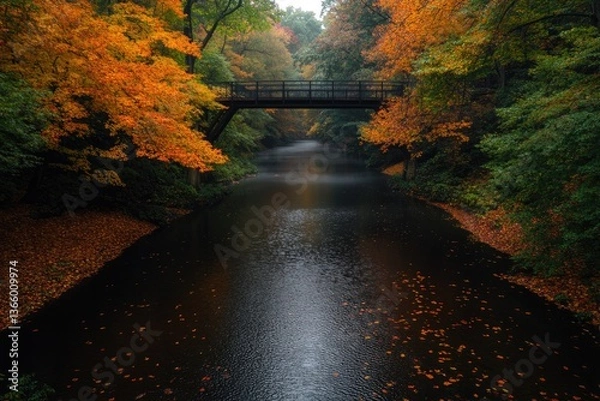 Fototapeta Serene river flows under wooden bridge surrounded by vibrant aut