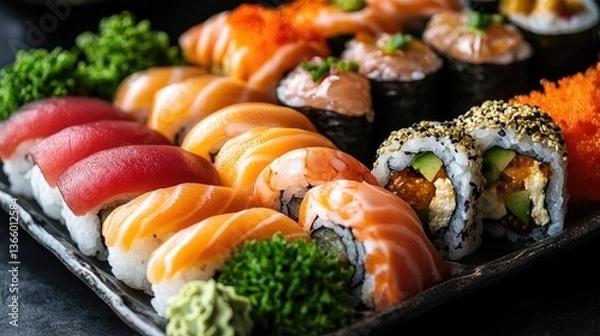 Fototapeta An enticing variety of rolls, nigiri, and sashimi features a beautifully arranged sushi platter, garnished with wasabi and pickled ginger, creating an eye-catching composition with room for text.