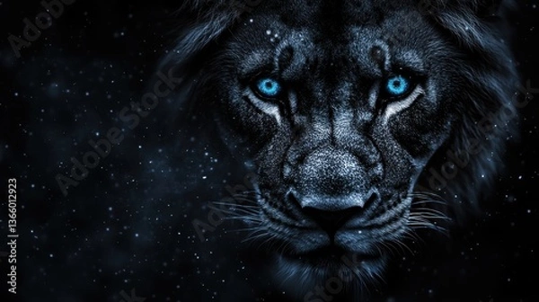 Fototapeta Lion's Stare: Piercing Blue Eyes in the Dark, Majestic Power & Cosmic Sparkle