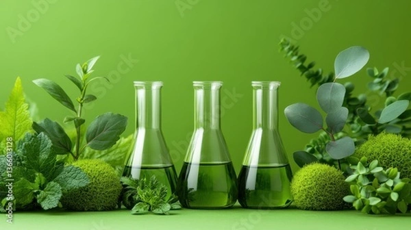 Fototapeta Green Chemistry: Erlenmeyer Flasks & Natural Elements, Exploring Botanical Solutions