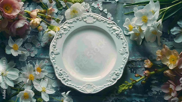 Fototapeta Elegant empty plate with delicate flowers arranged on a rustic gray background.