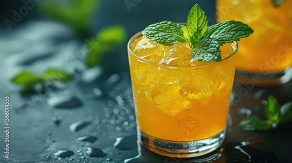 Fototapeta A bright yellow iced herbal tea garnished with fresh mint leaves, presenting a refreshing look for summer enjoyment.