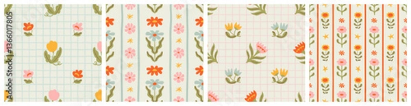 Fototapeta Colorful floral seamless pattern illustration set. Vintage style flower frame background design collection. Geometric natural wallpaper print, spring season nature backdrop texture with flowers.	