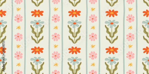 Fototapeta Colorful floral seamless pattern illustration. Vintage style flower background design. Geometric natural wallpaper print, spring season nature backdrop texture with flowers.