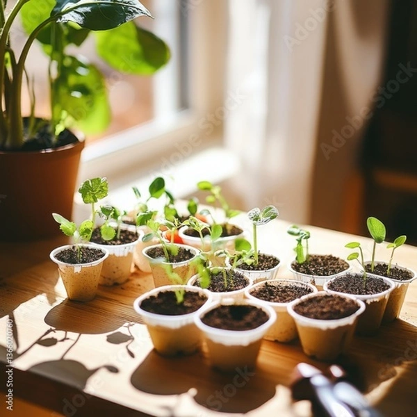 Fototapeta Close-up of young saplings and microgreens sprouting in rich soil.