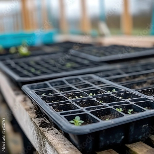 Fototapeta Close-up of young saplings and microgreens sprouting in rich soil.