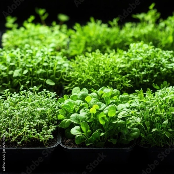 Fototapeta Close-up of young saplings and microgreens sprouting in rich soil.