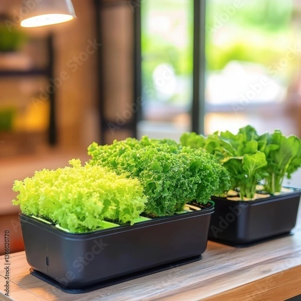 Fototapeta Botanical image of cultivated plants thriving in a greenhouse environment.